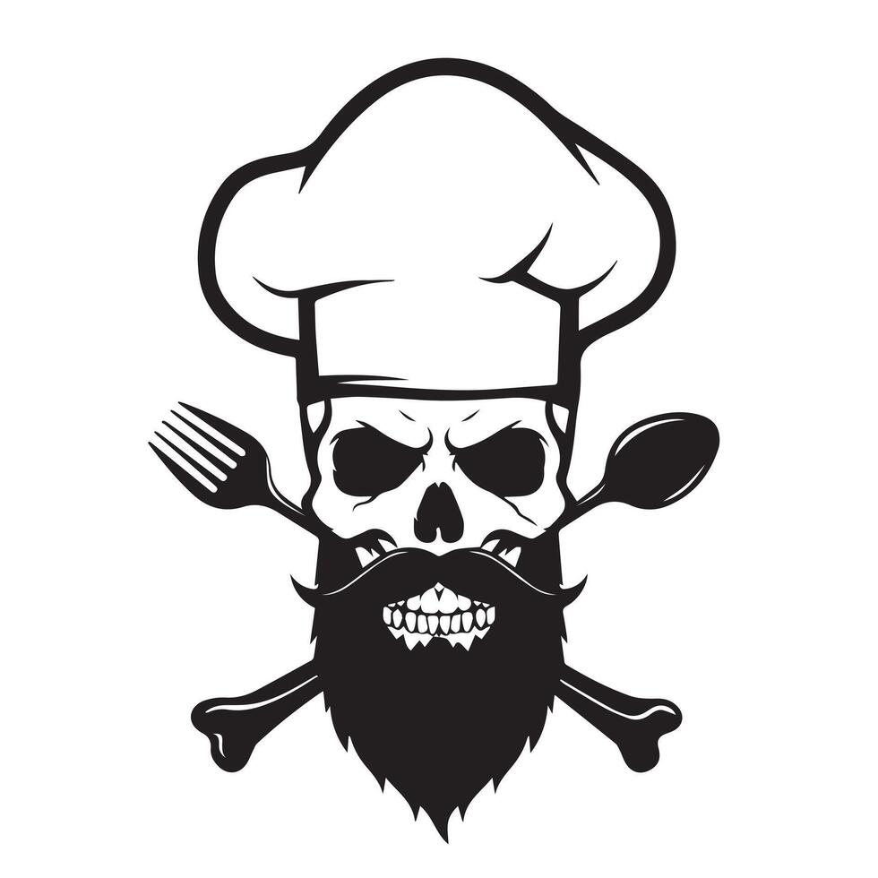 Skull chef wearing hat with spoon fork and crossbones isolated vector