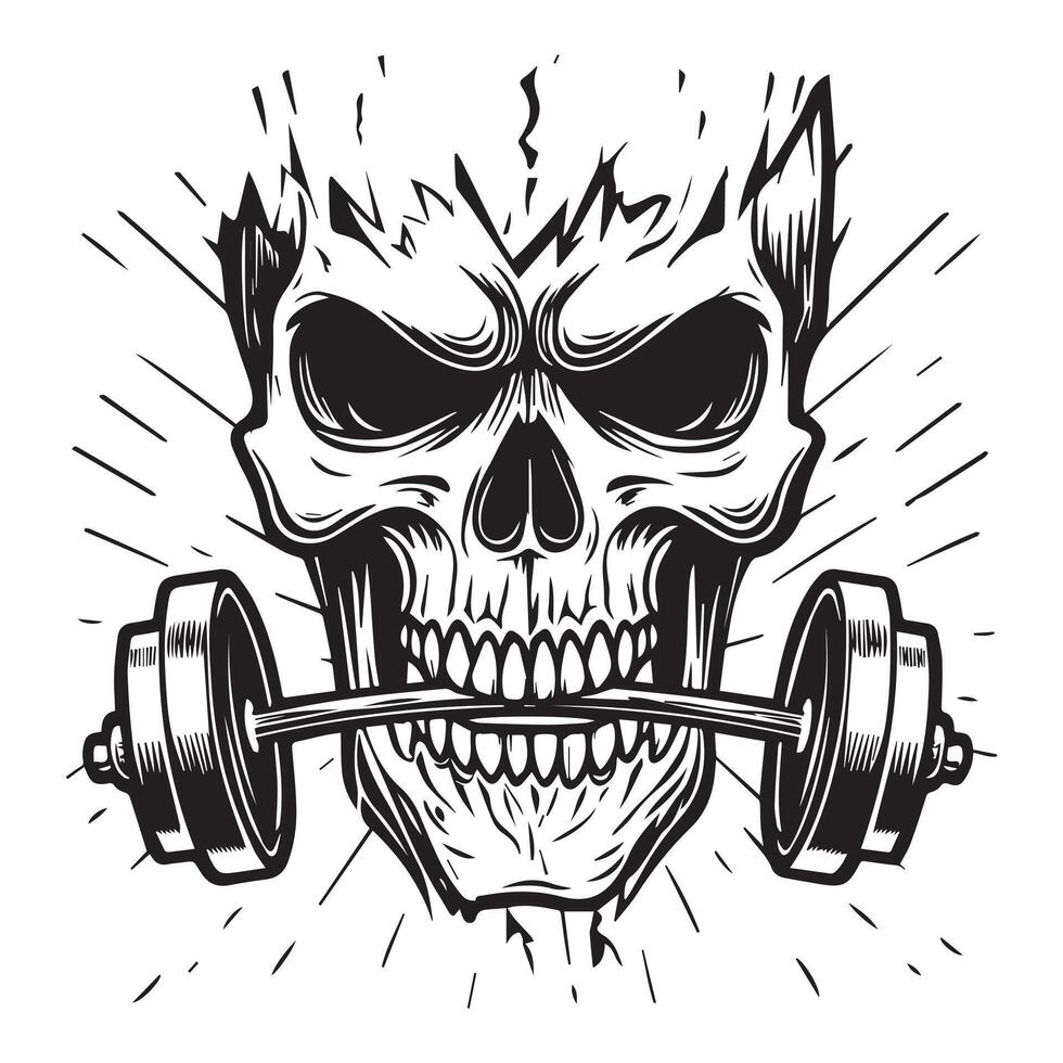 Monochrome skull illustration with barbell weightlifting motif for fitness or halloween themes vector