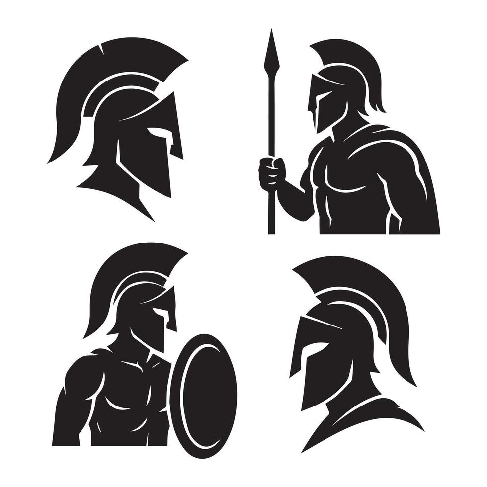 Spartan warrior silhouette collection set ancient greece army strength and courage illustration vector
