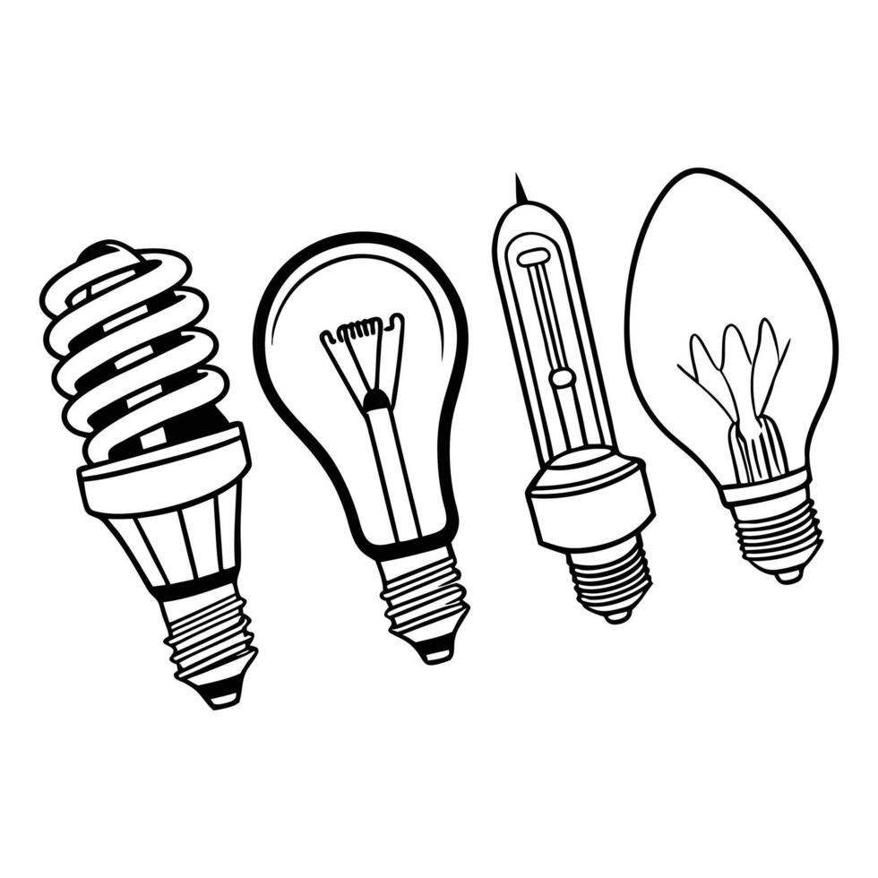 Line art illustration of various light bulbs including fluorescent and incandescent types vector