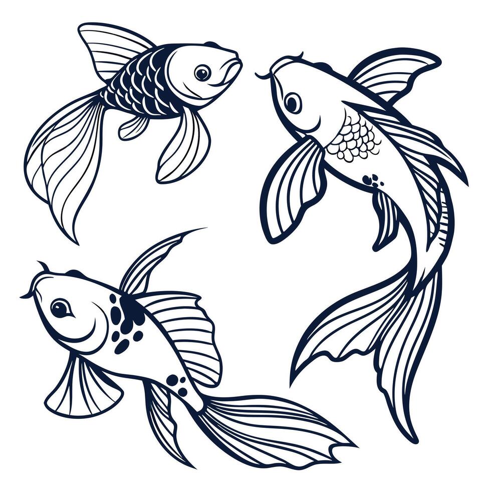 Three elegantly illustrated koi fish swimming together outlined in bold navy ink vector
