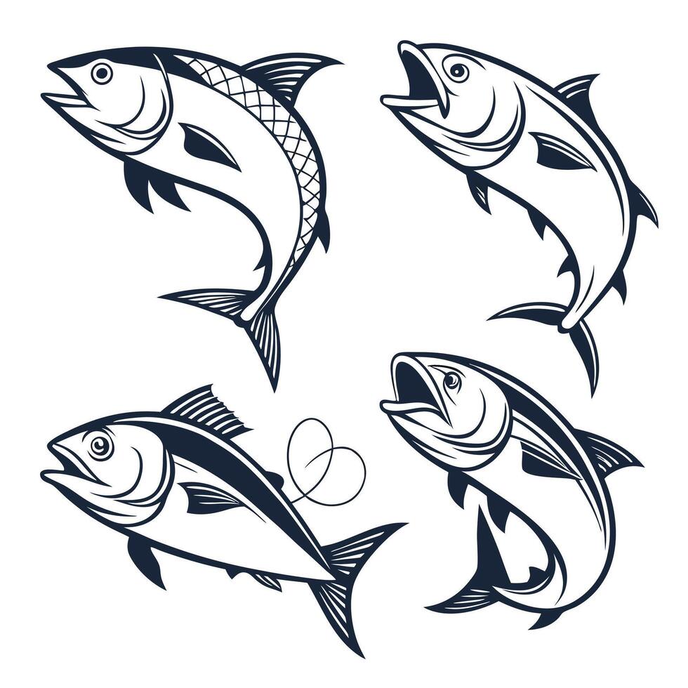 Collection of tuna fish illustrations in black and white vintage style vector