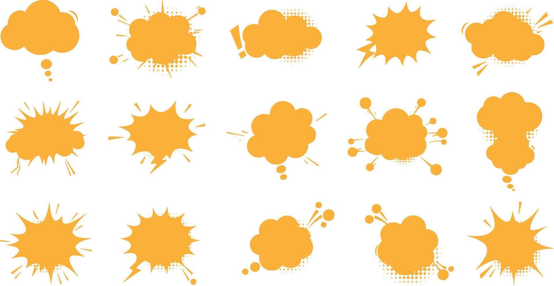 Collection of orange comic speech bubbles and thought clouds design elements for creative projects vector