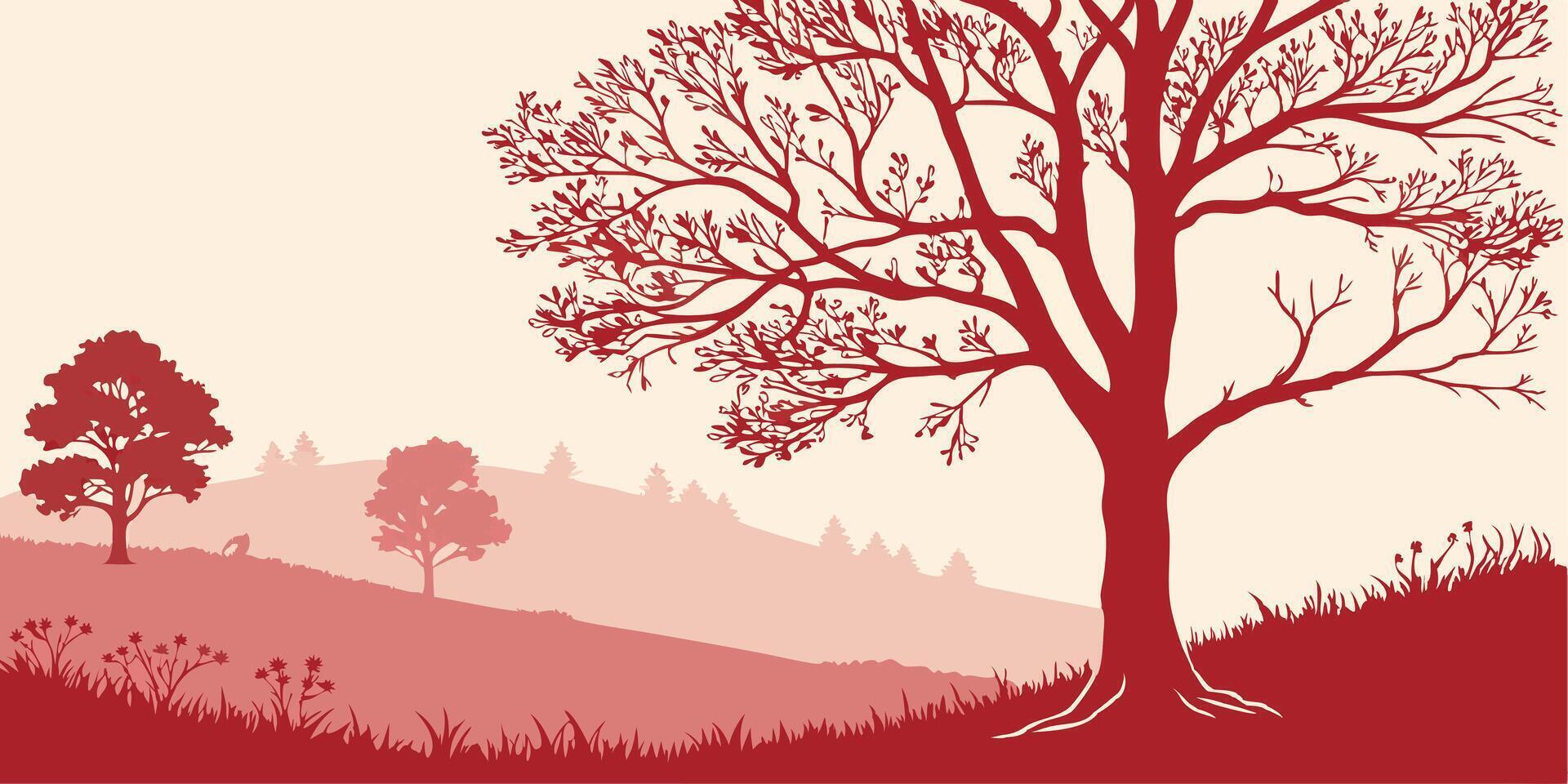 Red monochrome landscape with trees and hills for autumn backgrounds and designs vector