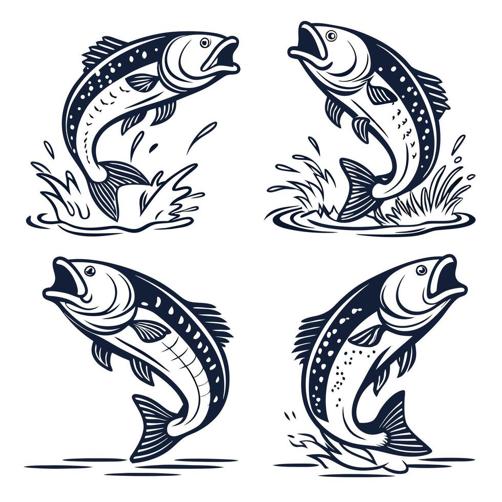 Four jumping fish illustration in monochrome style fishing and seafood concept vector