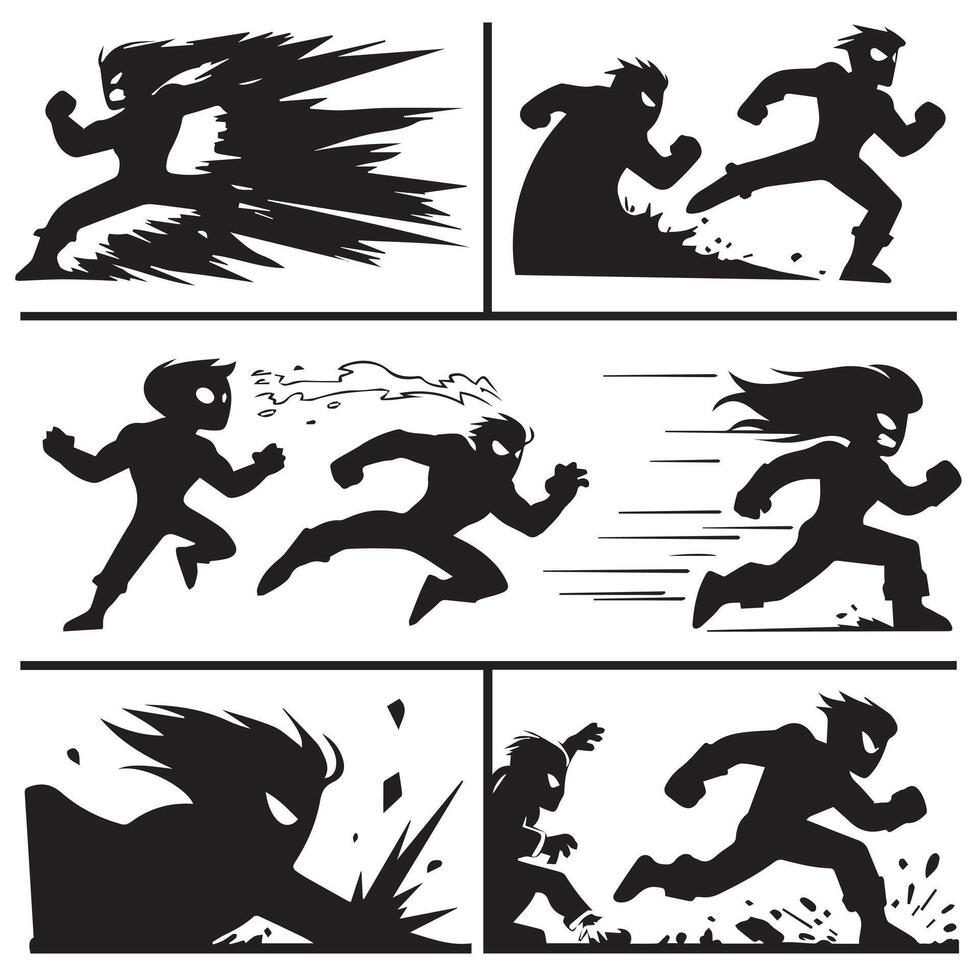Graphic comic strip style illustration of superheroes in action black and white silhouette vector