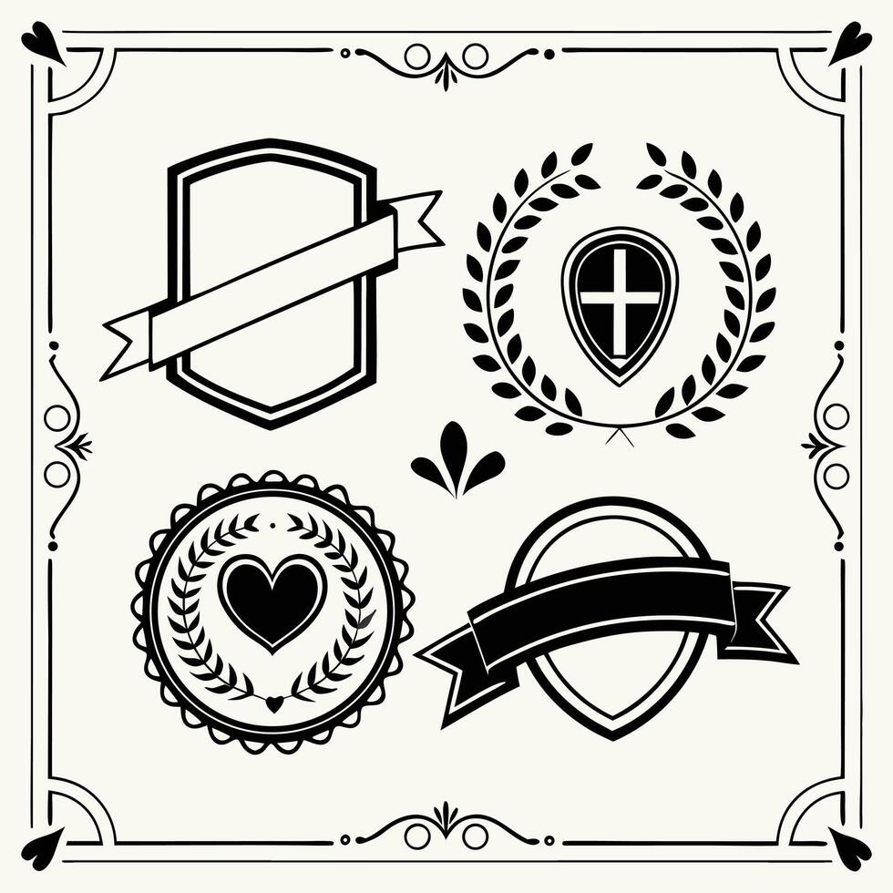 Collection of black and white vintage style emblems and decorative frame designs vector