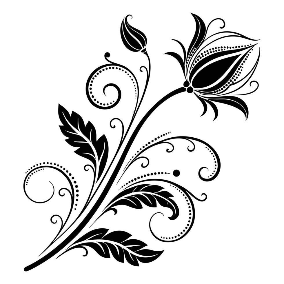 Elegant floral ornament with swirling leaves and flower bud in black and white vector
