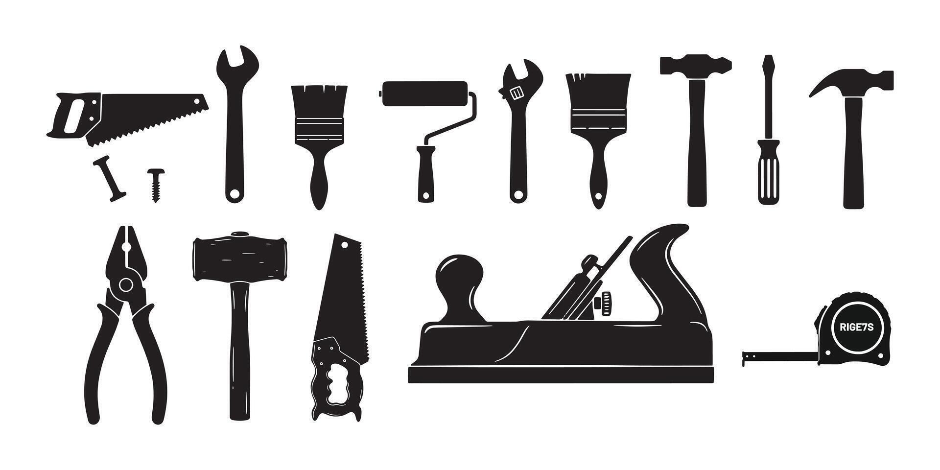 Assorted hand tools silhouettes carpentry and home improvement elements black and white vector