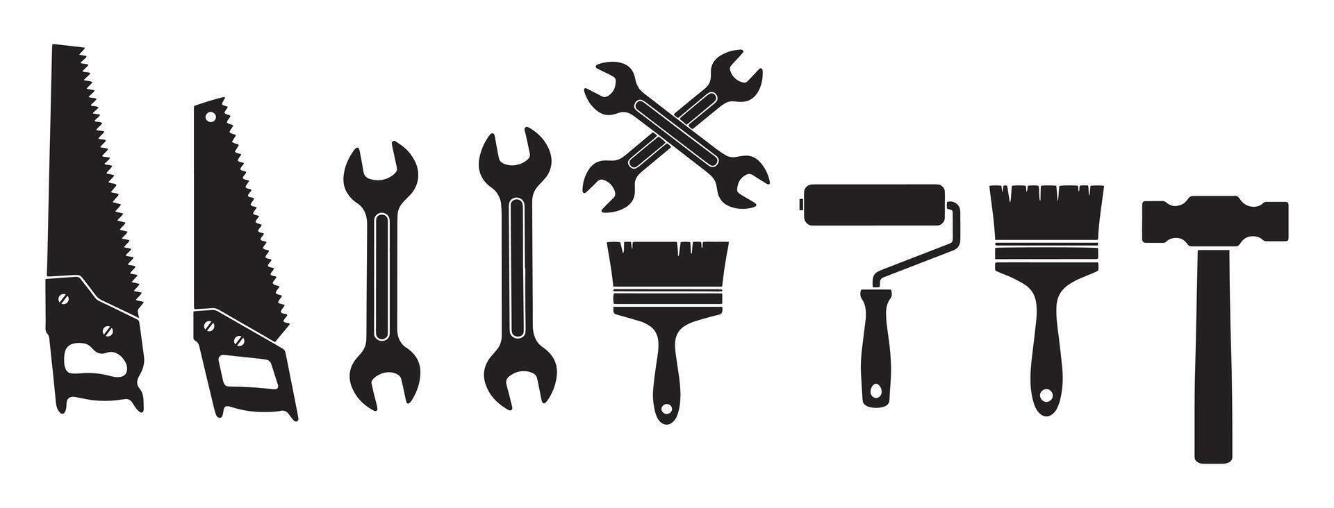 Home improvement tool set black silhouettes of hand tools equipment for carpentry and painting vector