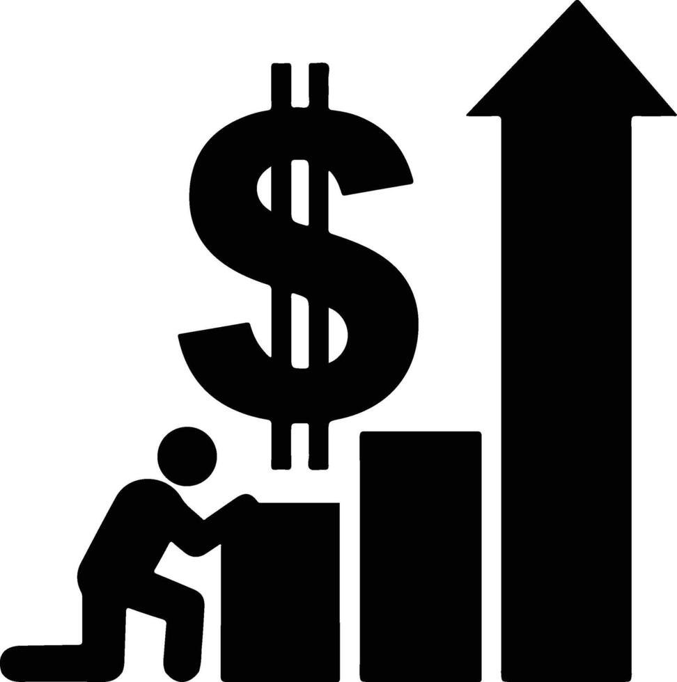 Person climbing dollar chart business success and financial growth illustration in black vector