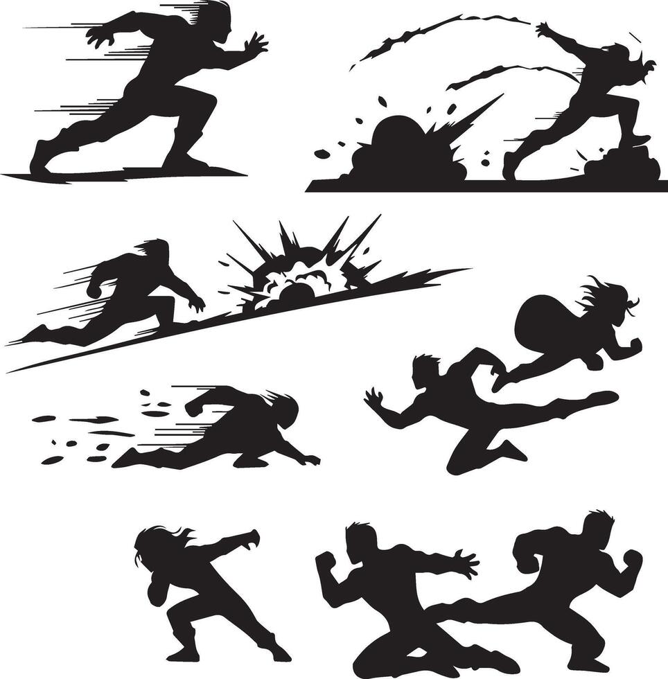 Dynamic superhero action pose set black silhouette isolated on white background vector