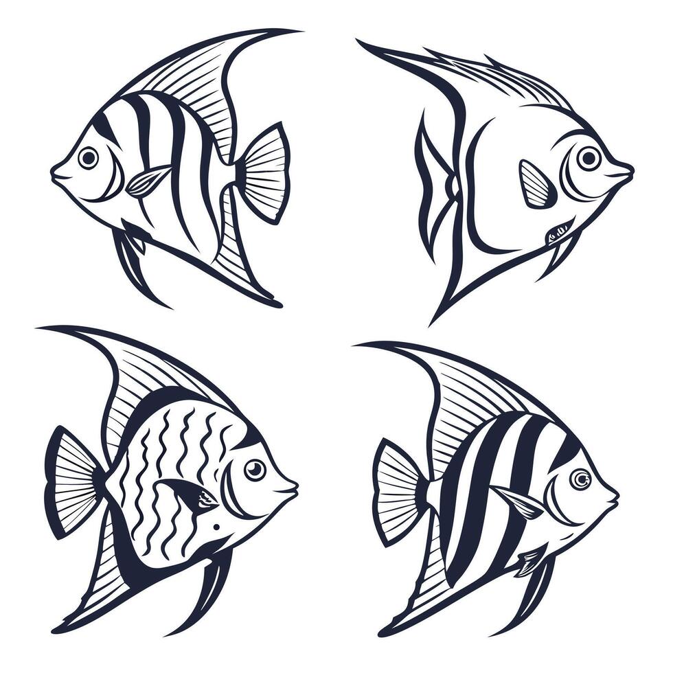 Four angelfish outlines with different patterns aquatic life illustration vector