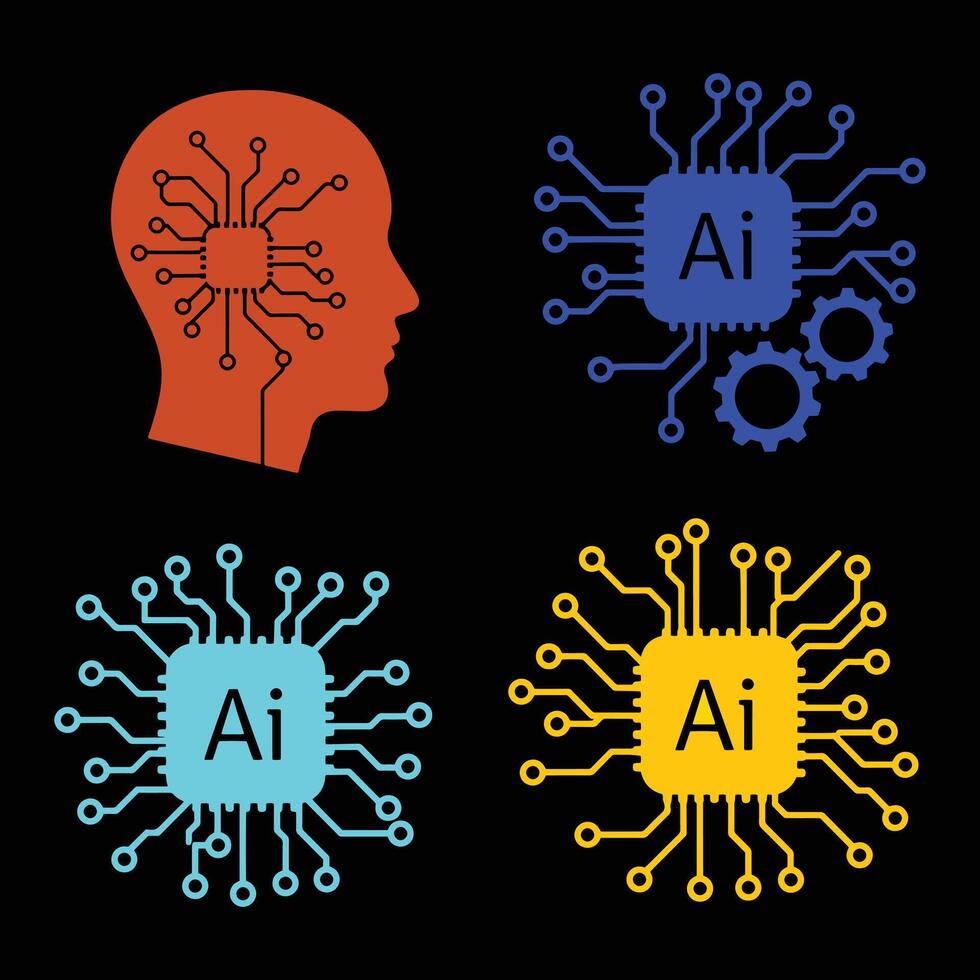 Artificial intelligence concept with circuit board and head silhouette on black background vector