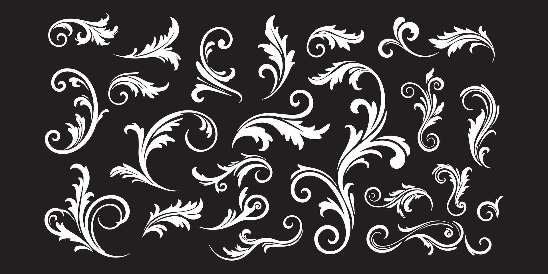 Collection of white floral ornaments and swirls on black background for decorative design vector