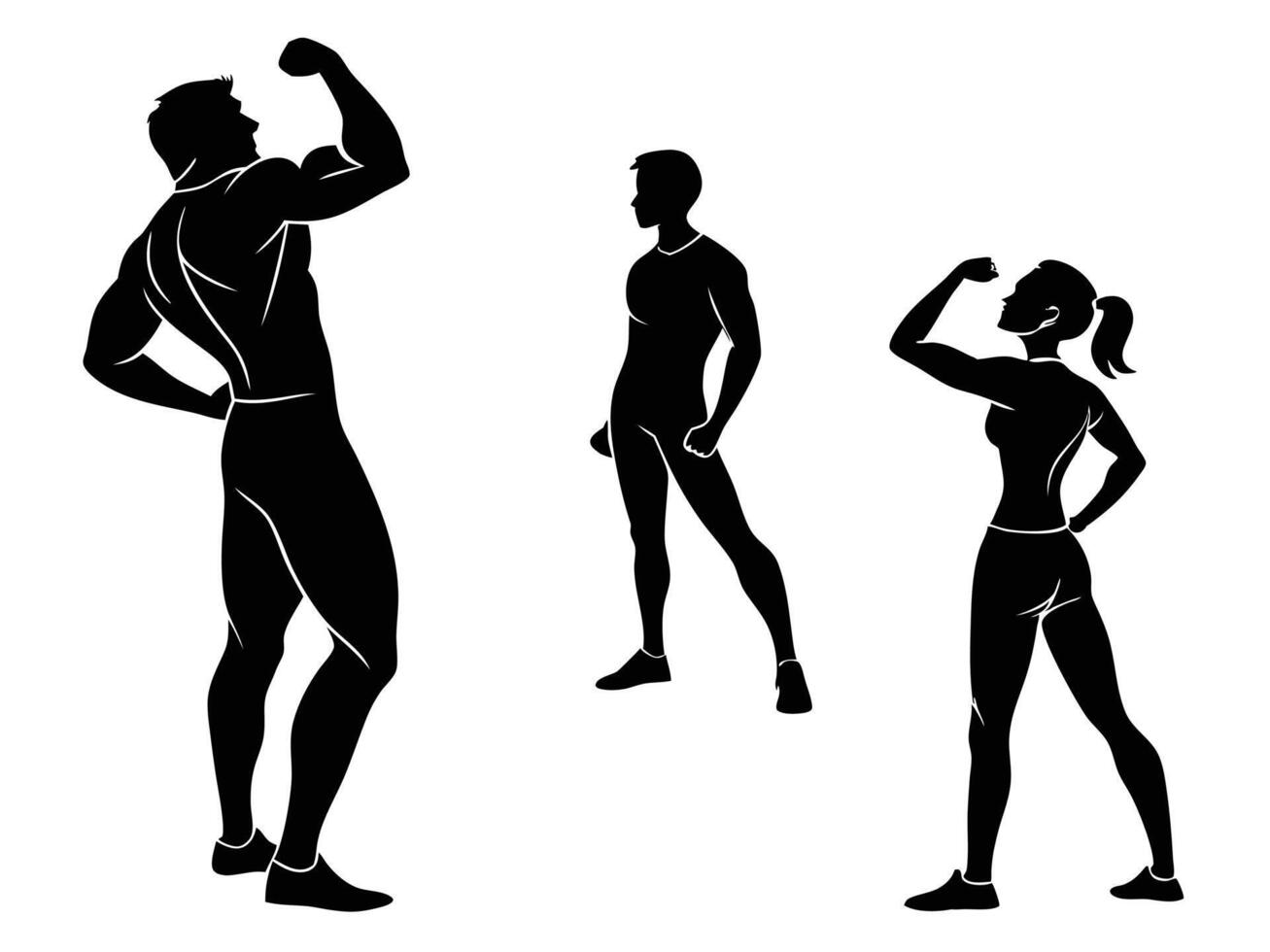 Set of fitness silhouettes showing diverse athletic poses and body types suitable for advertising or designs vector