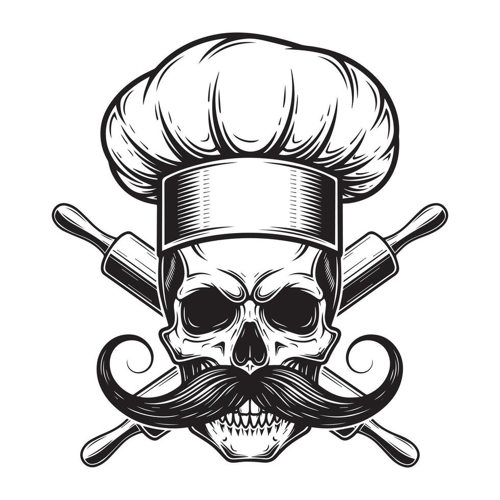 Skull chef with mustache wearing cook hat and crossed rolling pins drawing vector