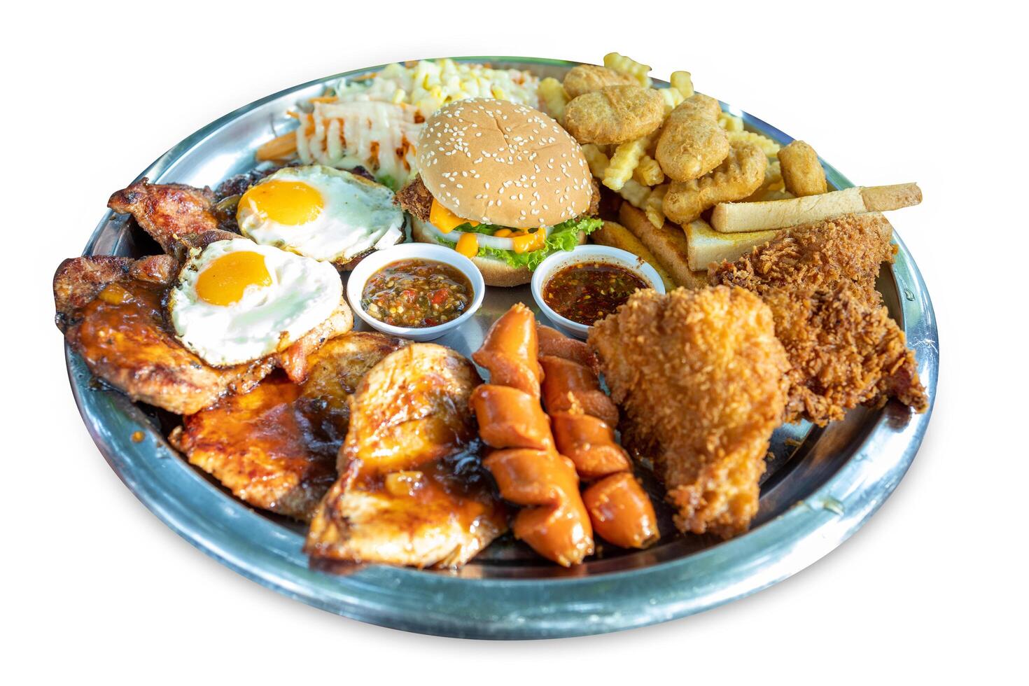 Top view fried egg burger mix steak and sausage with sauce, focus selective photo