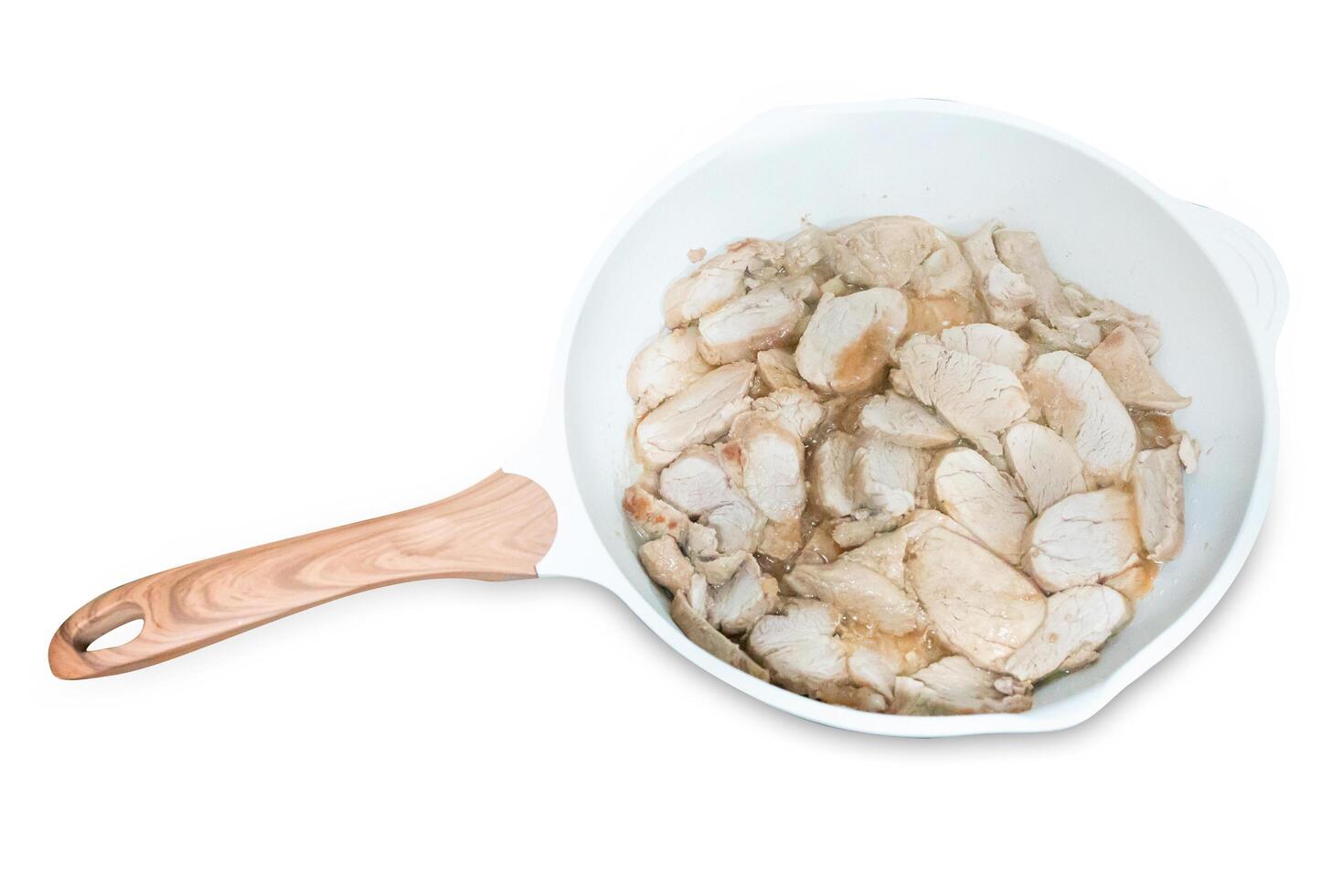 Top view of Fried pork in a pan, focus selective photo