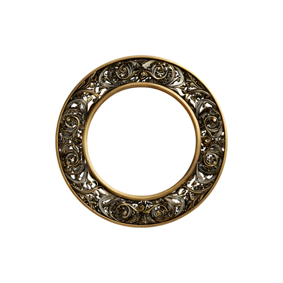 Ornate gold and silver circular frame with intricate detailing perfect for design projects png