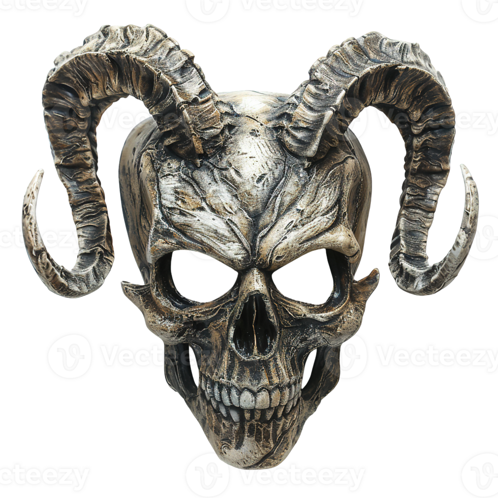 Dark Tribal Skull Mask with Grotesque Horns and Crumbling Bone Texture Isolated on Transparent Background png