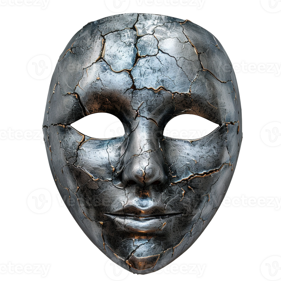 Silver Cracked Masquerade Mask with Distressed Surfaces and Empty Eyes Isolated on Transparent Background png