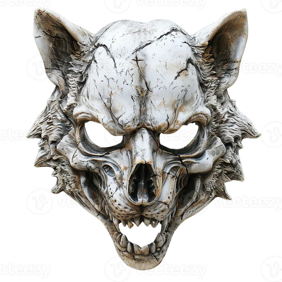Mythical Werewolf Skull Mask with Carved Bone Look and Aggressive Snouts Isolated on Transparent Background png