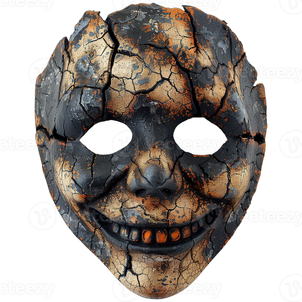 Close-Up of Disturbing Burnt Festival Mask with Twisted Smiles and Aged Isolated on Transparent Background png