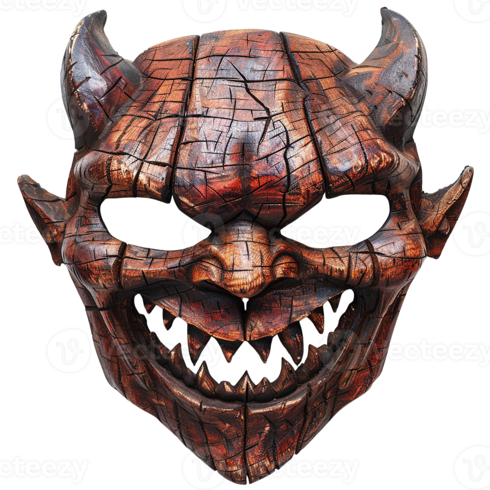 Dark Gothic Demon Mask with Jagged Teeth and Horns, Featuring Cracked Painted Wood Texture and Fiendish Grins Isolated on Transparent Background png
