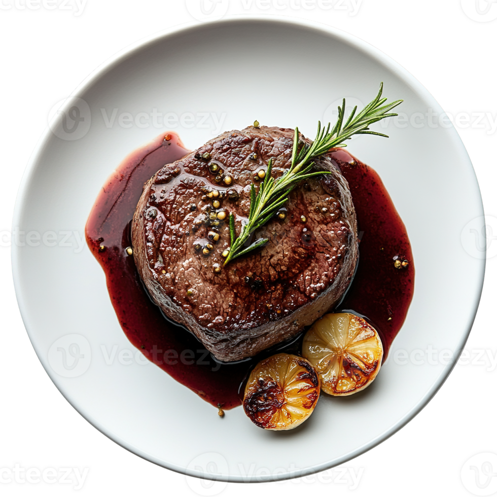 Top View of Gourmet Filet Mignon Steak Served with Red Wine Sauce, Grilled Lemon, and Rosemary on White Plate. High-End Cuisine Concept Isolated on Transparent Background png