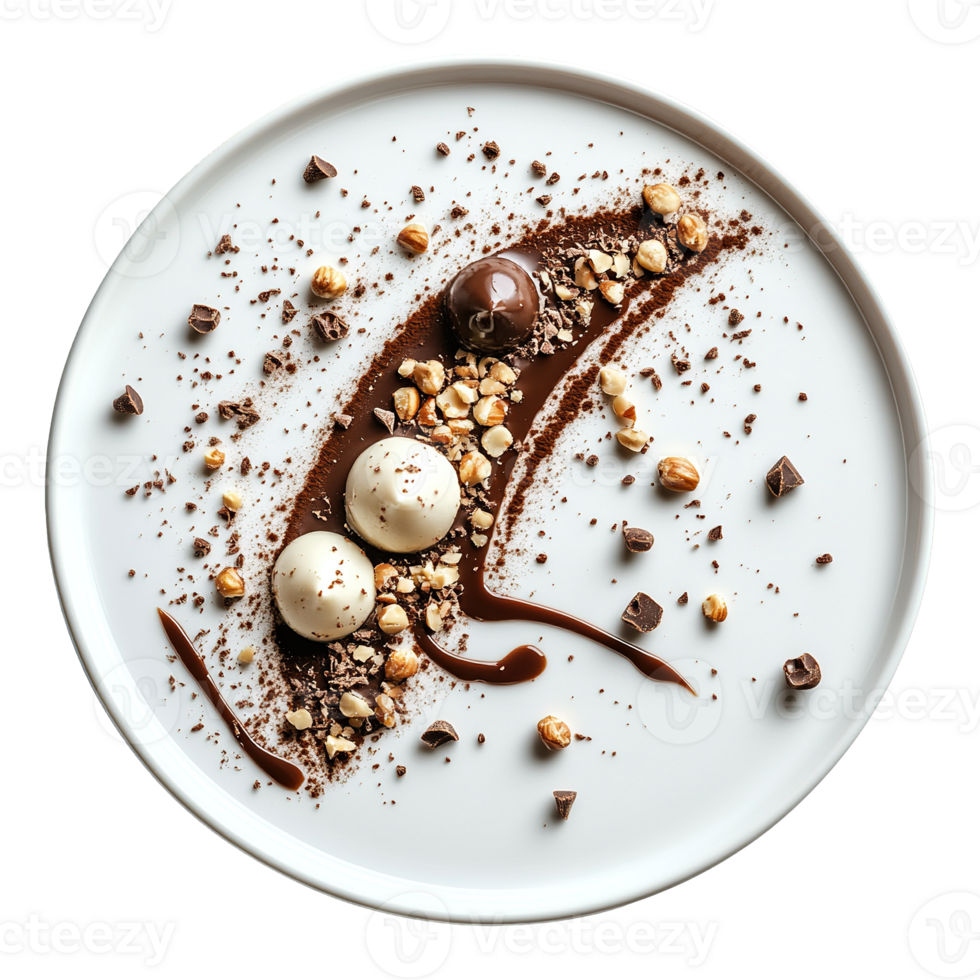 Top-Down View of Artistic Dessert Plating Featuring White Chocolate Domes, Dark Chocolate Truffle, Crushed Hazelnuts, and Chocolate Sauce on White Plate png