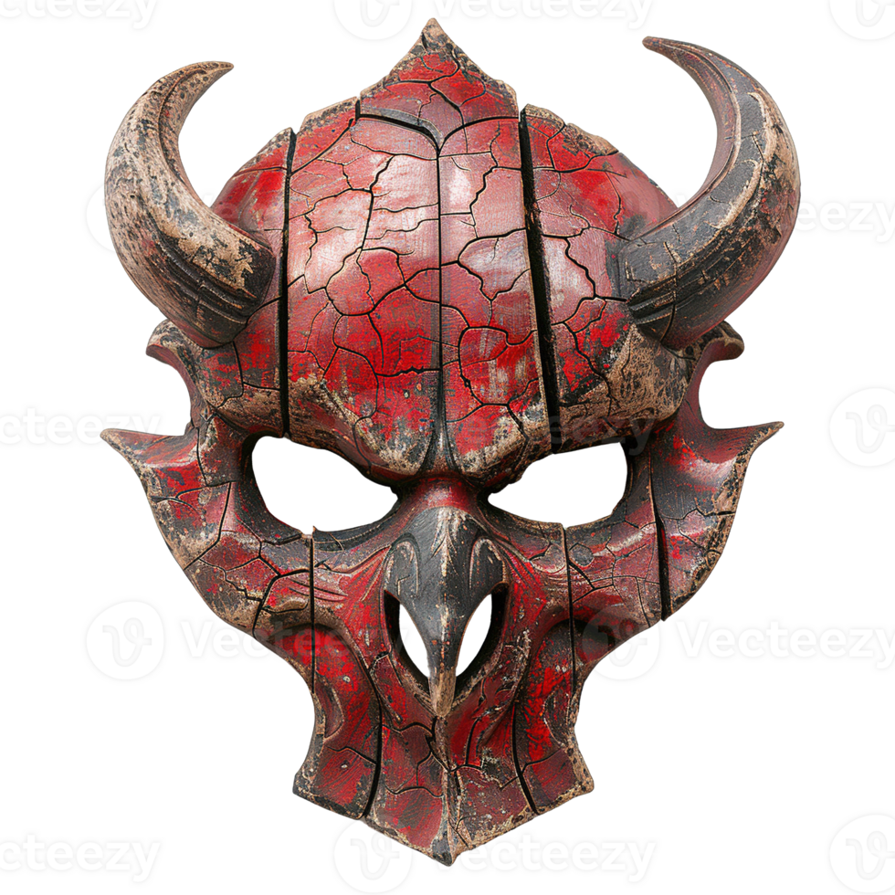 Sinister Horned Mask with Red Lava Cracks and Carved Skull on Transparent Background png