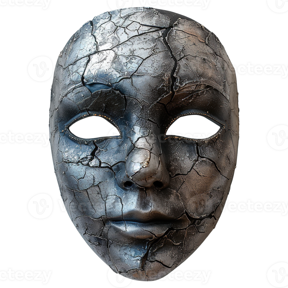 Aged Venetian-Style Masquerade Mask with Distressed and Crumbling Silver Surface Textures Isolated on Transparent Background png