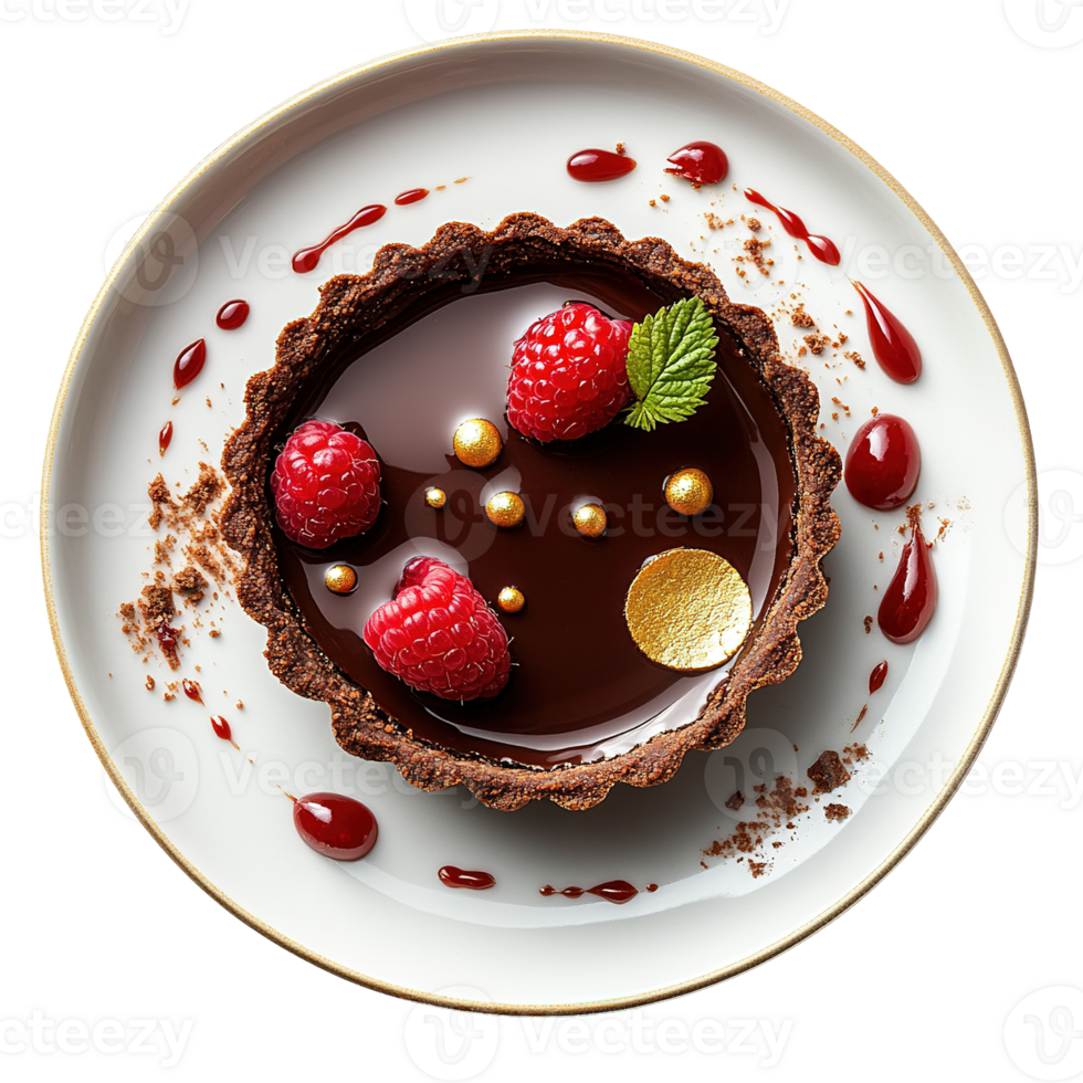 Gourmet Dessert Featuring Glossy Dark Chocolate Tart Topped with Red Raspberries, Gold Accents, and Leaf Garnish Isolated on Transparent Background png