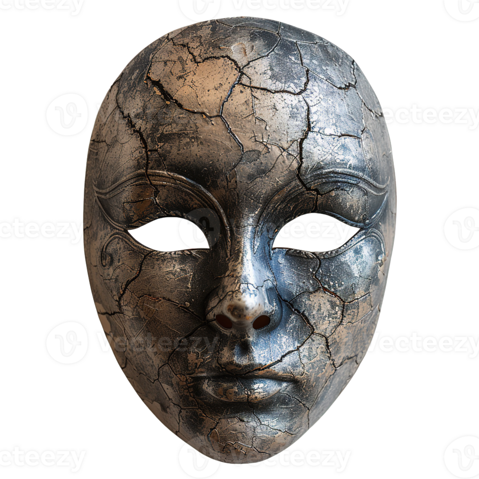Elegant Cracked Metal Mask Featuring Antique Finish and Ornate Facial Sculpting Isolated on Transparent Background png