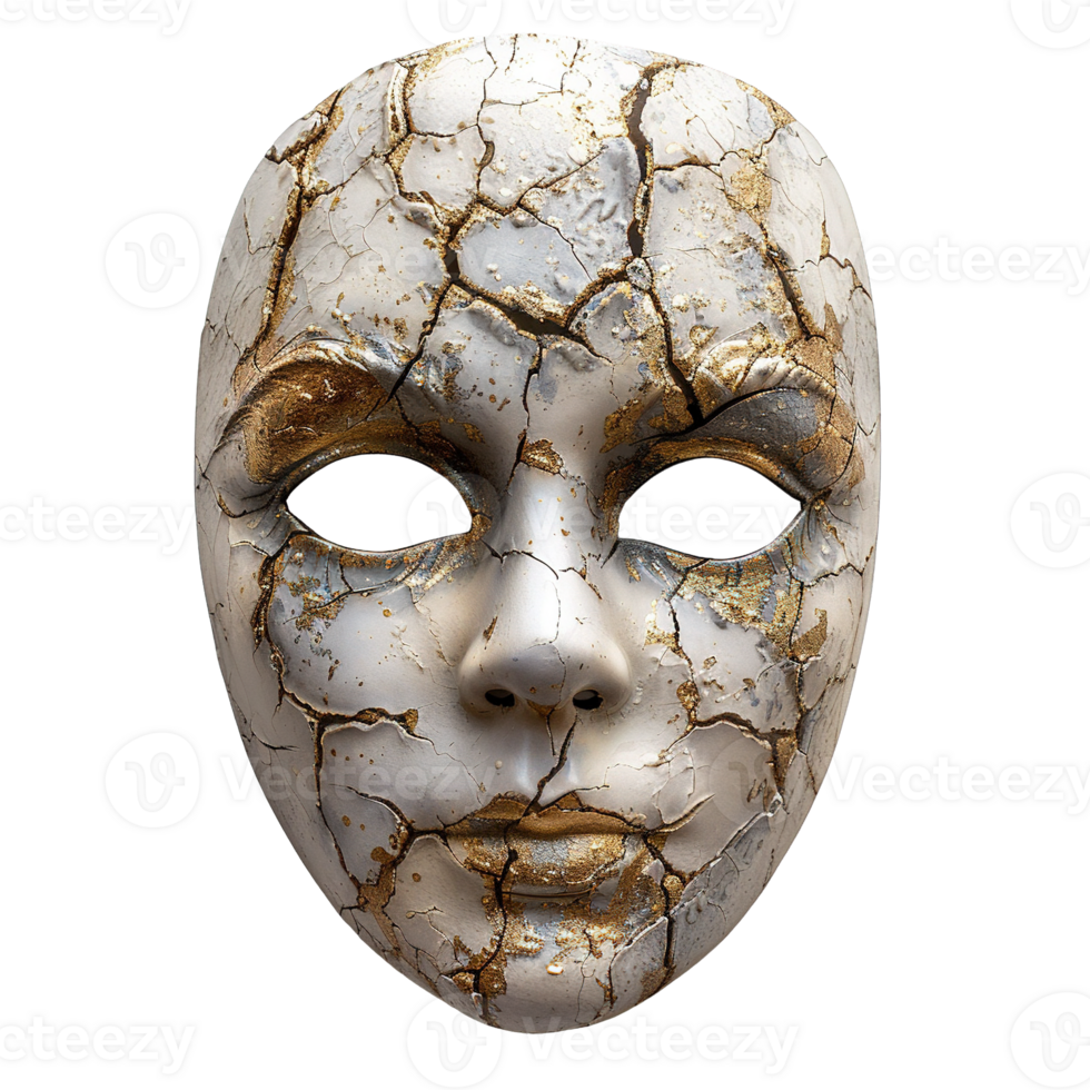 Artistic Broken Venetian Mask with Metallic Gold Cracks on a Transparent Background png