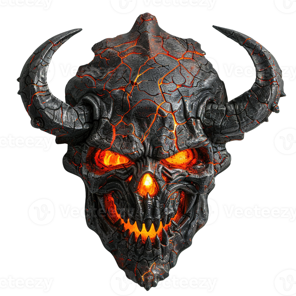 Hellfire Demon Mask with Cracked Volcanic Textures and Menacing Glows on Transparent Background png