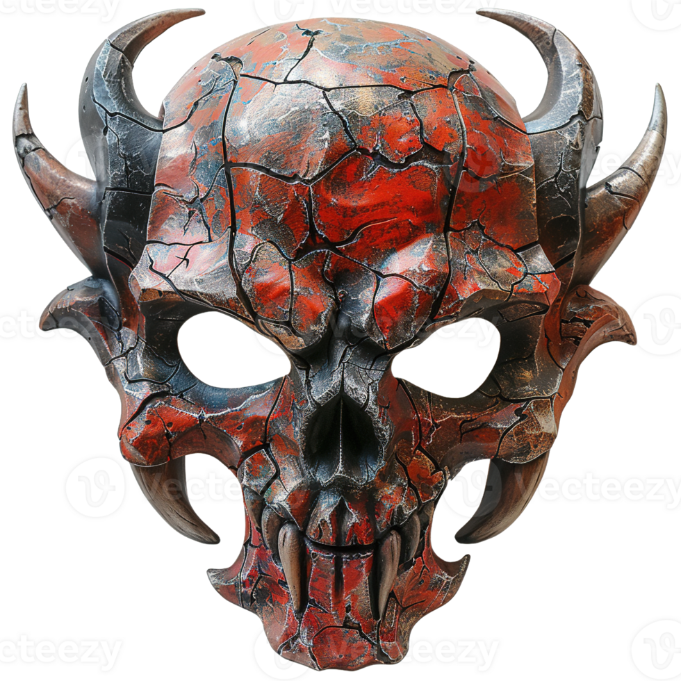 Hellish Demon-Themed Mask with Fiery Red Highlights, Aged Surfaces, and Aggressive Gothic Designs on Transparent Background png