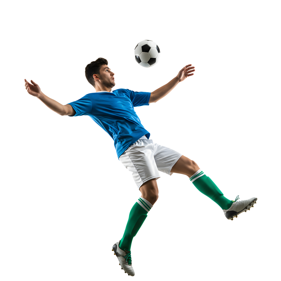 Dynamic Soccer Player Leaping High to Head the Ball in Mid-Air Action Shot png