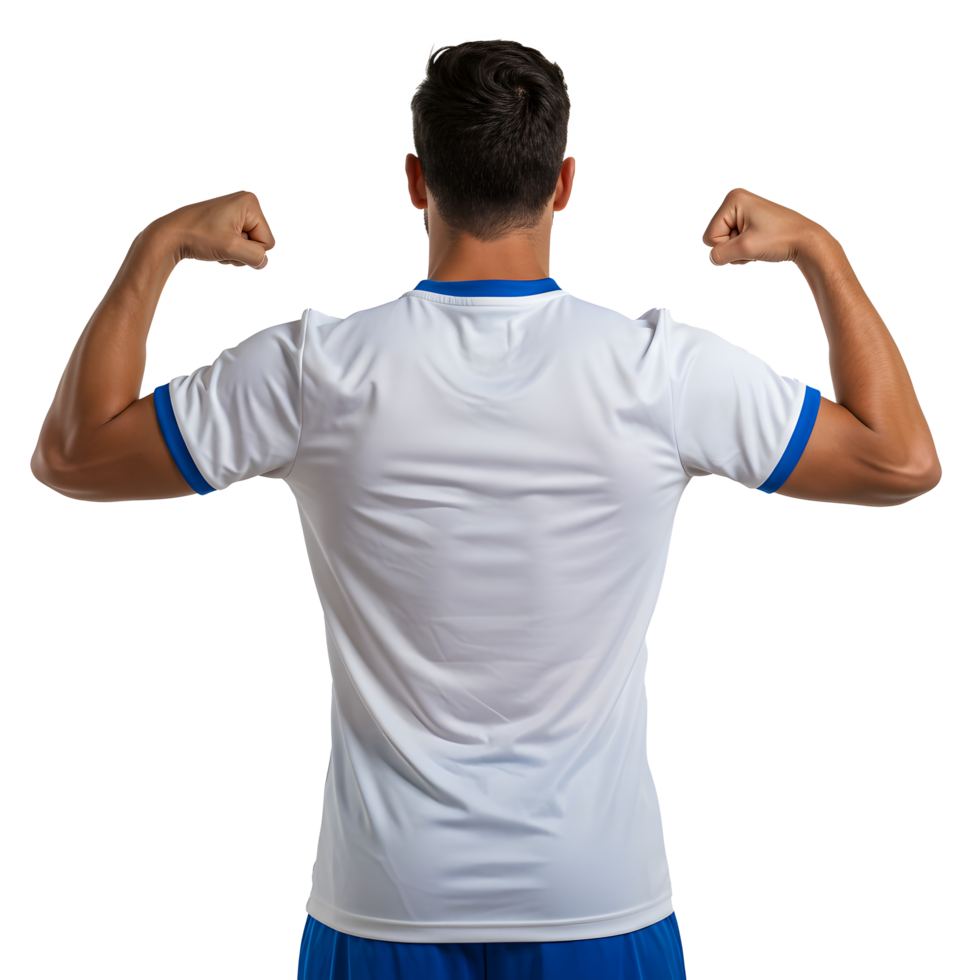 Powerful Athlete Back View of a Muscular Man in a White Soccer Jersey Flexing Biceps, Studio Shot png