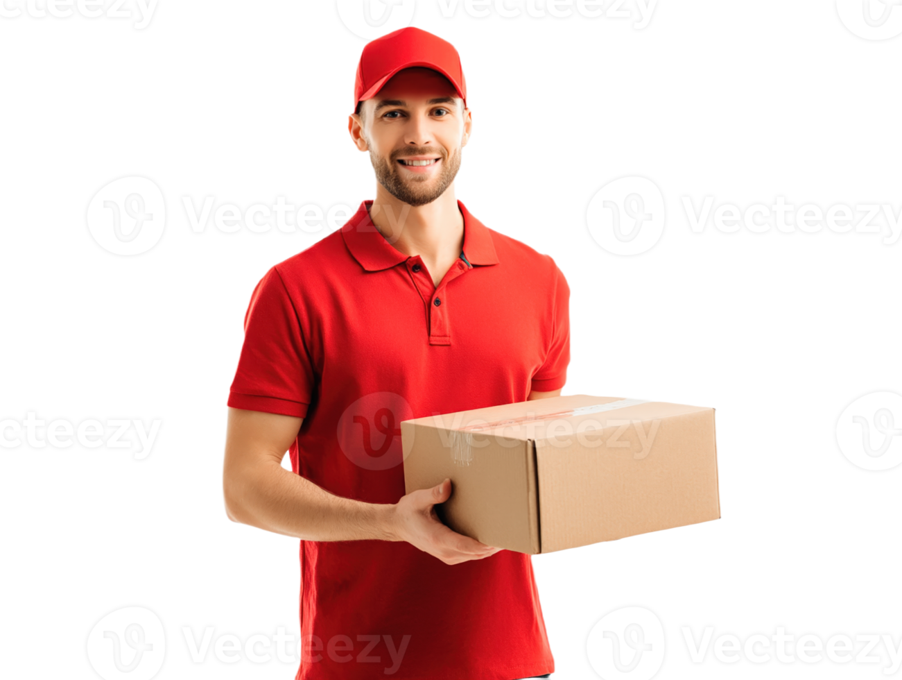 Friendly Delivery Man Holding a Parcel in Red Uniform Isolated on Transparent Background png
