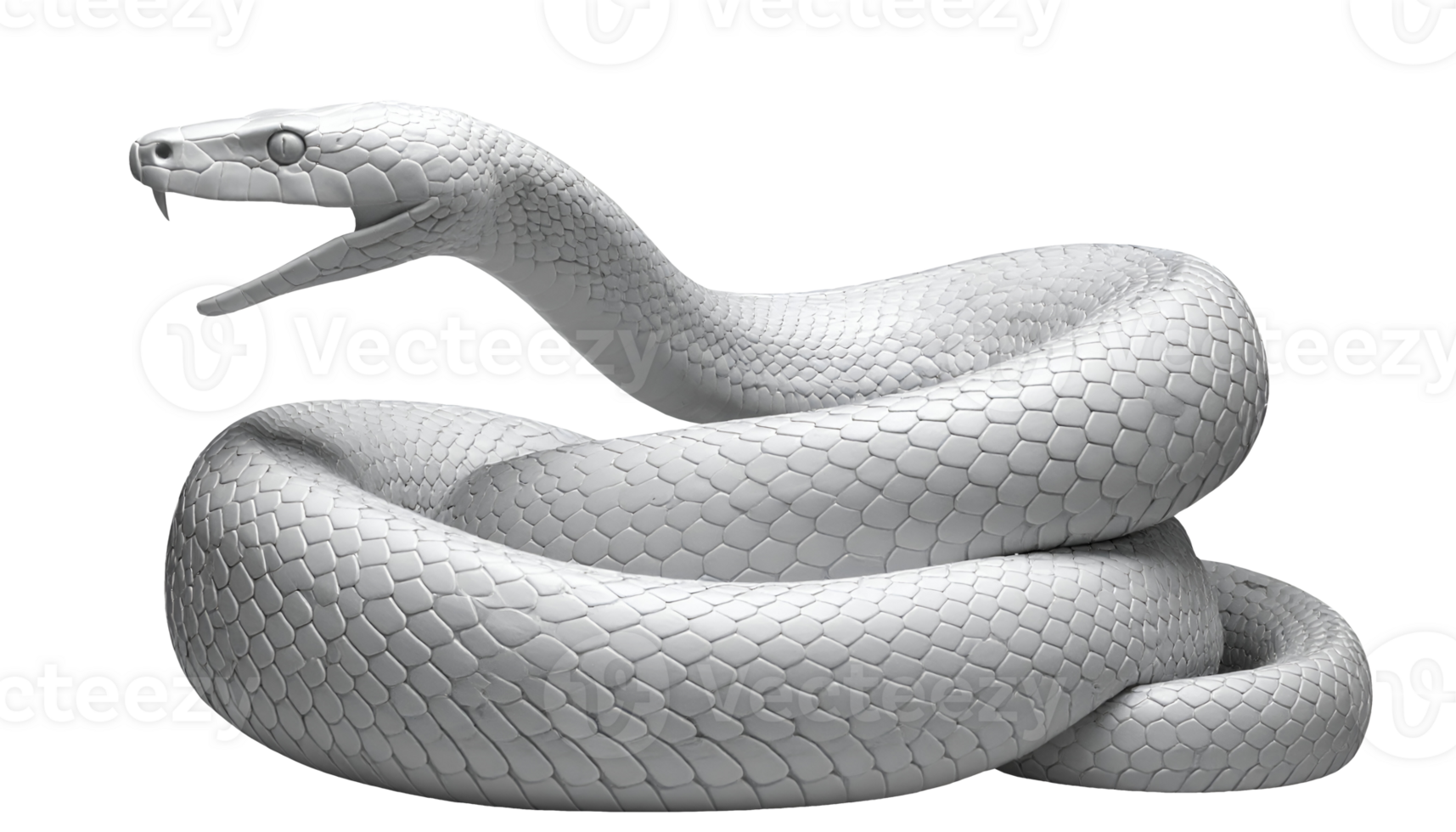 realistic white 3d snake sculpture with open mouth and exposed fangs isolated background showing detailed scales anatomy for biology education and digital design png