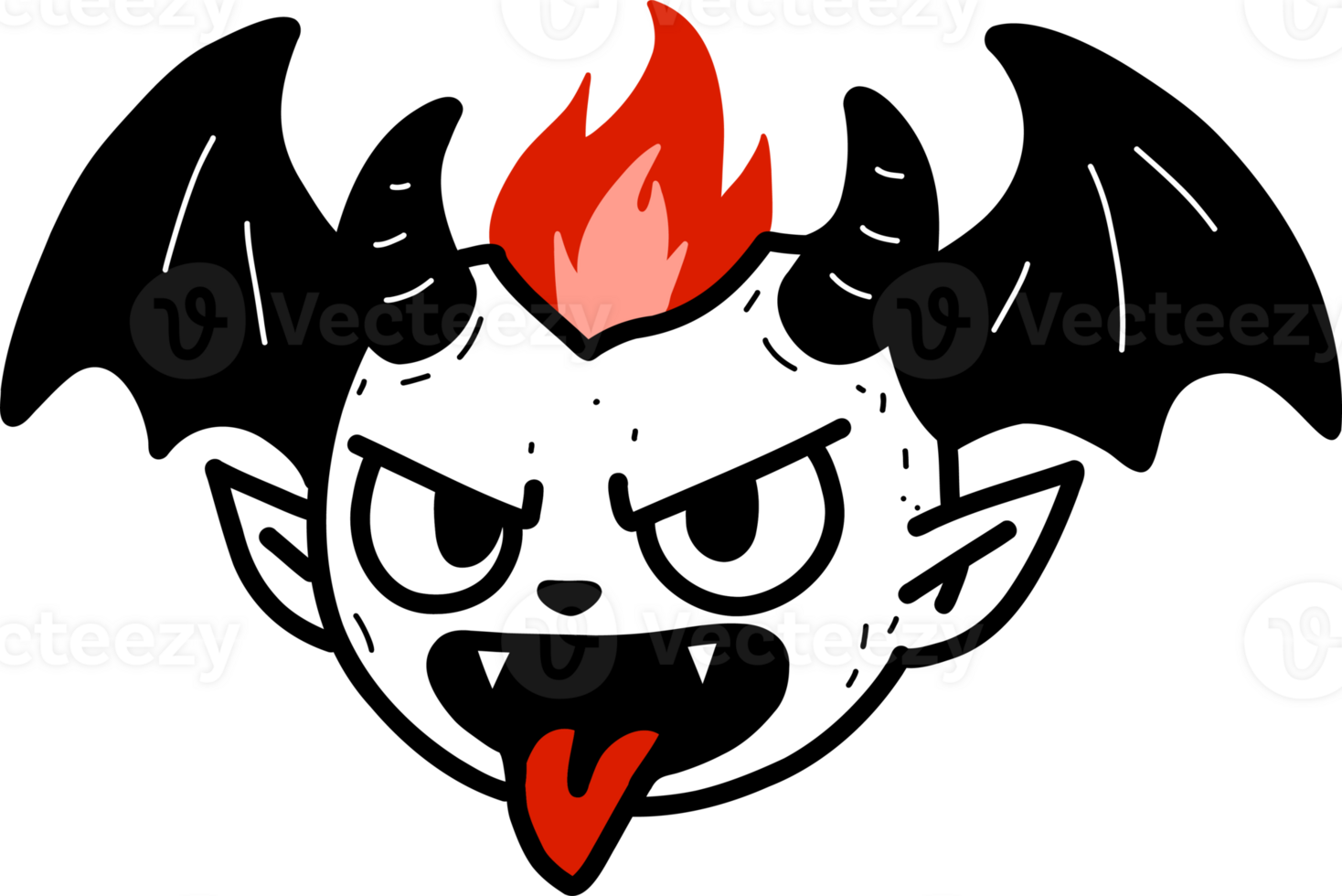 Cartoon devil face with horns, bat wings, and fiery hair. Spooky creature illustration for Halloween holiday. Abstract monster graphic element. png