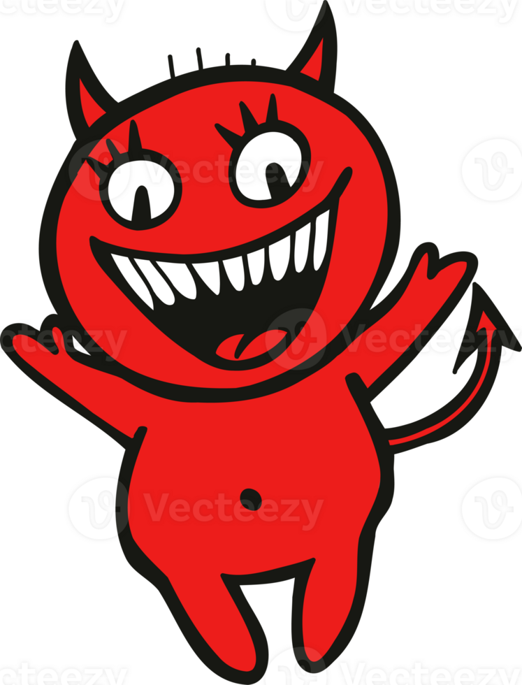 Cute red cartoon devil with horns and a tail smiling widely, a funny spooky character for Halloween and holiday design. png