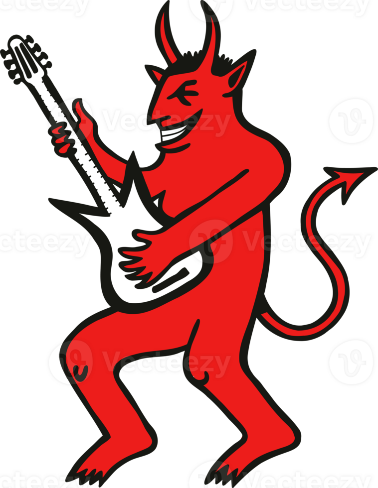 Red devil man playing electric guitar, performing rock and roll music. Cartoon illustration of a demon for Halloween party. png