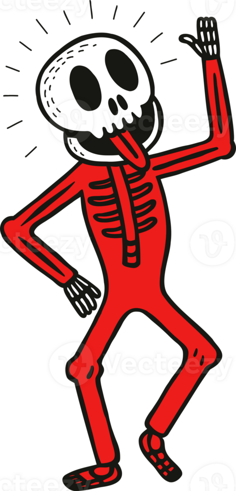 Dancing skeleton man in a red costume with a creepy skull head. Halloween, Day of the Dead, holiday, party, fun concept. png
