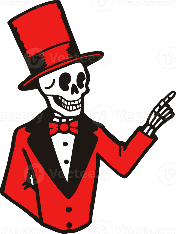 Skeleton wearing a red top hat and tuxedo points up with its finger, concept of Halloween costume and party advertising. png