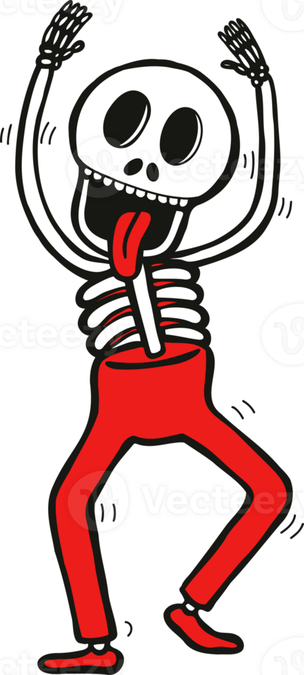 Humorous skeleton dancing with hands up and sticking out tongue. Halloween and Day of the Dead celebration concept for party poster. png