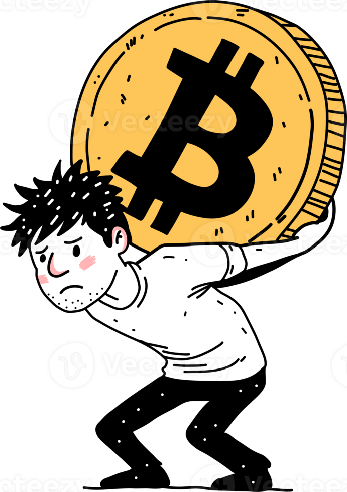 Young man carrying a giant bitcoin coin on his back, illustrating crypto burden and financial pressure. Digital currency struggle concept. png