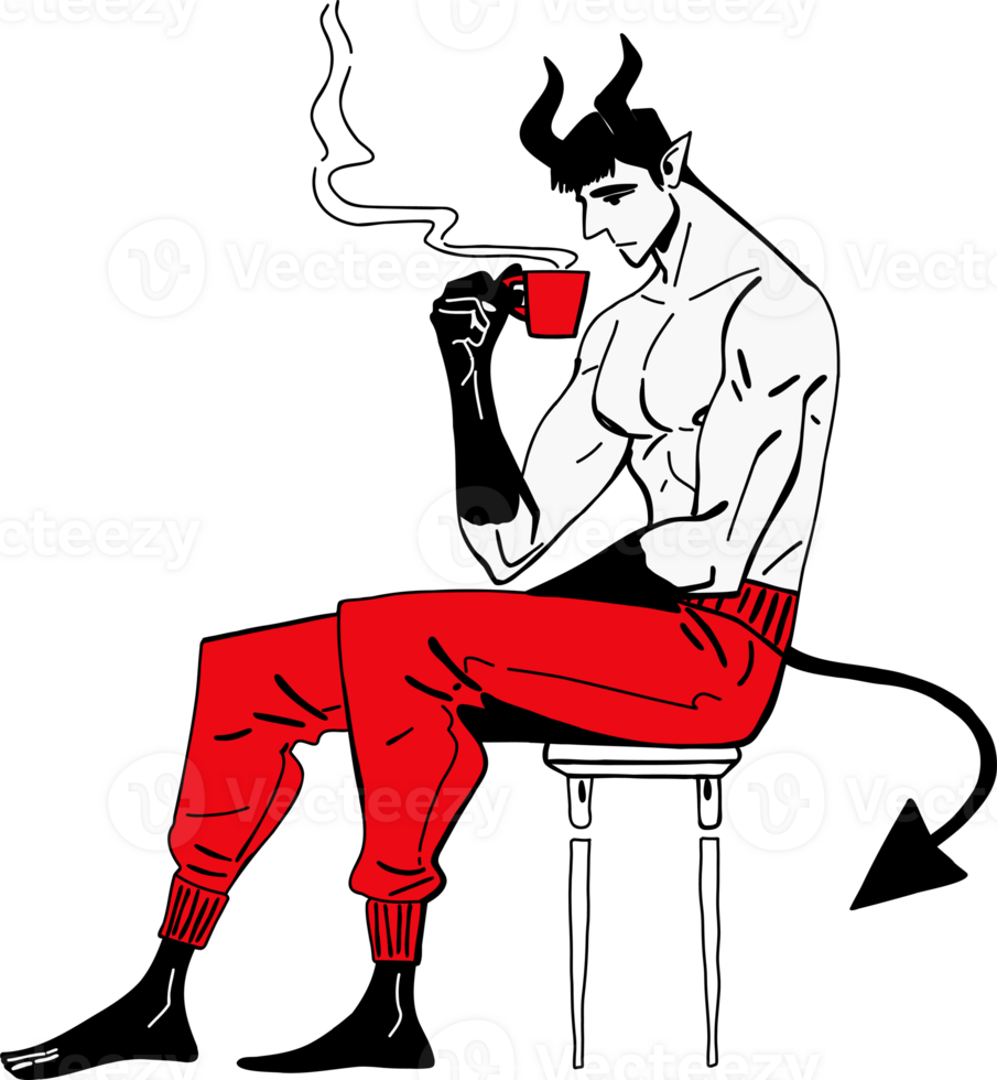 Male devil with horns and tail sitting on a white stool, holding a red cup with smoking coffee. Satan character with a drink. png
